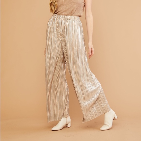 LUCY PARIS Bianca metallic champagne pleated wide leg pants M - Picture 1 of 6